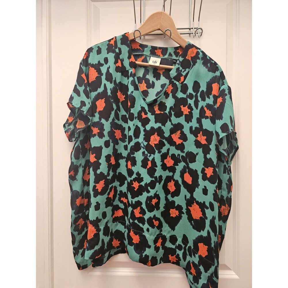 Cabi Womens Blouse Medium Green Orange Black Sheer Short Sleeve Loose Fit